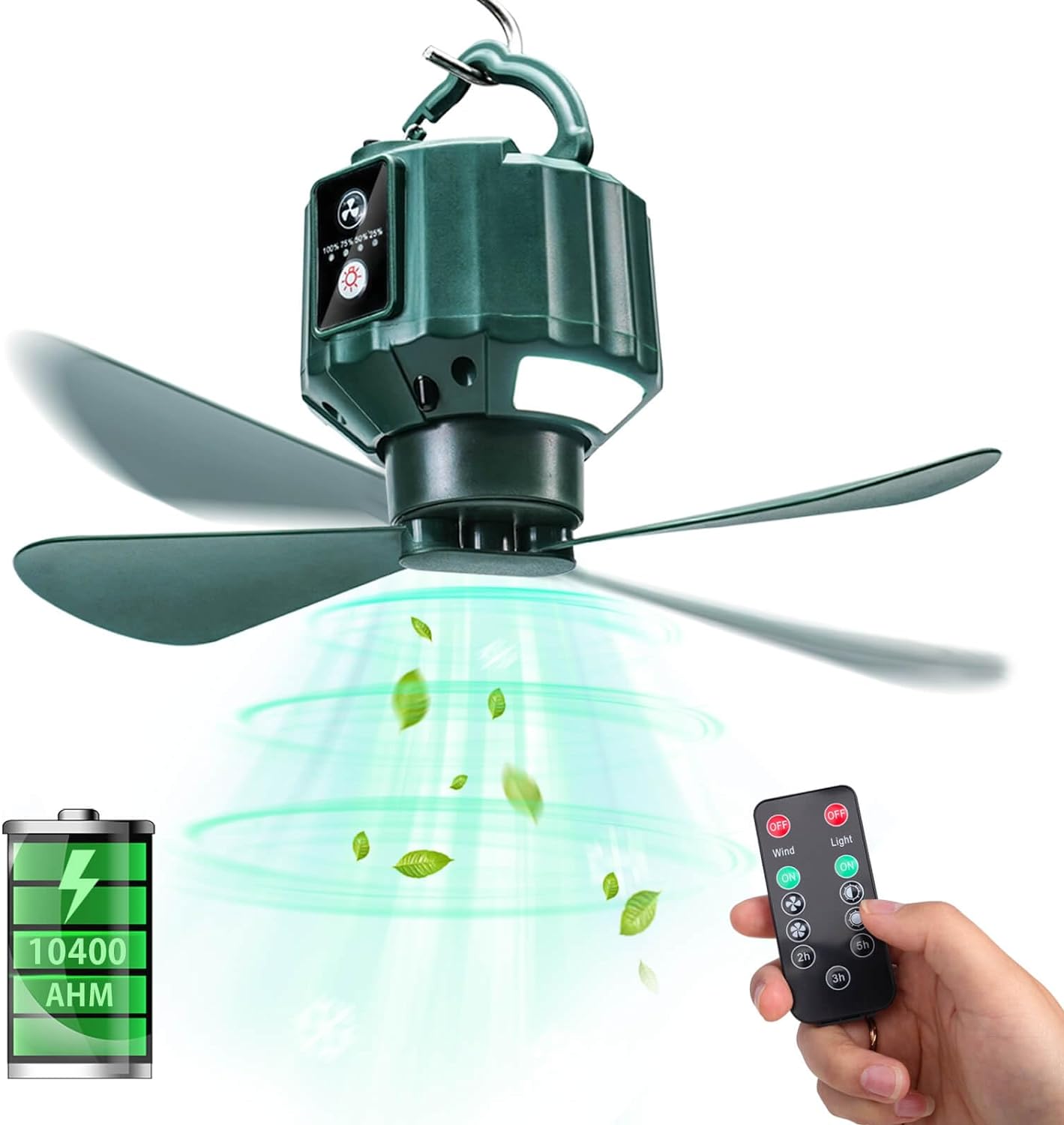 DUKUSEEK Tent Ceiling Fan with Built-in Rechargable 10400mAh Battery LED light and Remote Controller