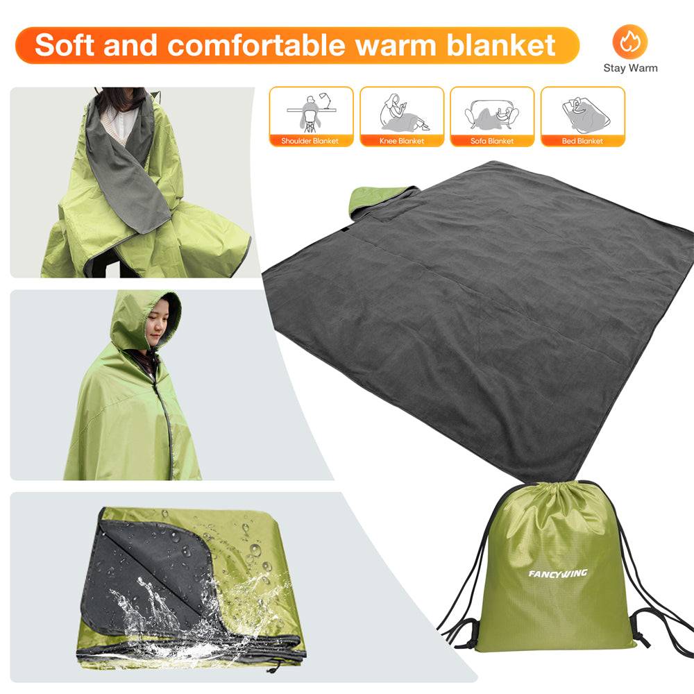 Fancywing Outdoor Waterproof Windproof Stadium Large Size Fleece Blanket Green with Hood (79 x 56 inches)