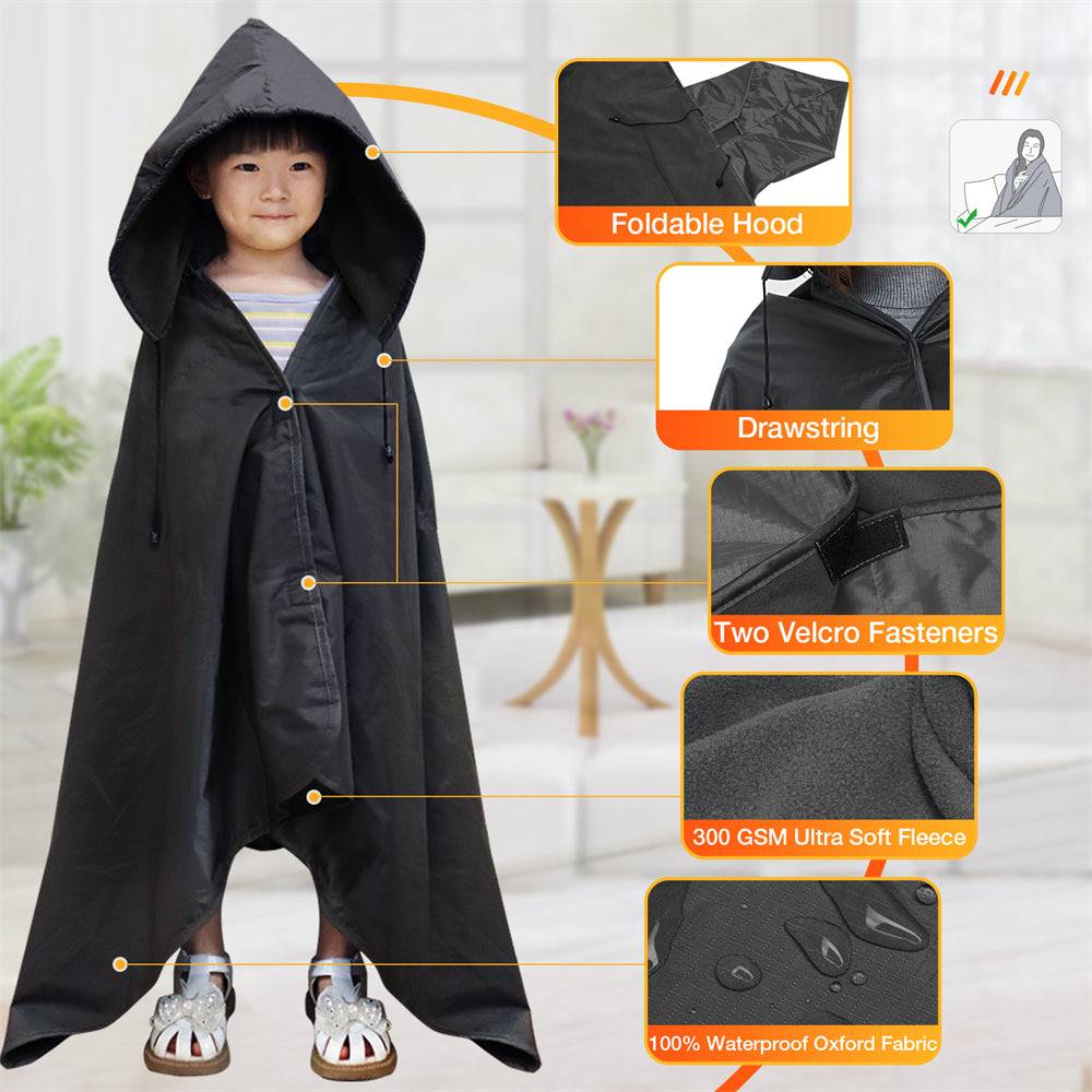 DUKUSEEK Hooded Stadium Blanket for Kids, Small Waterproof Outdoor Blankets with Fleece Linner, Kids Outdoor Wearable Blanket for Sporting Events, Camping, Picnic, Games, Stadium, 56‘’x28‘’