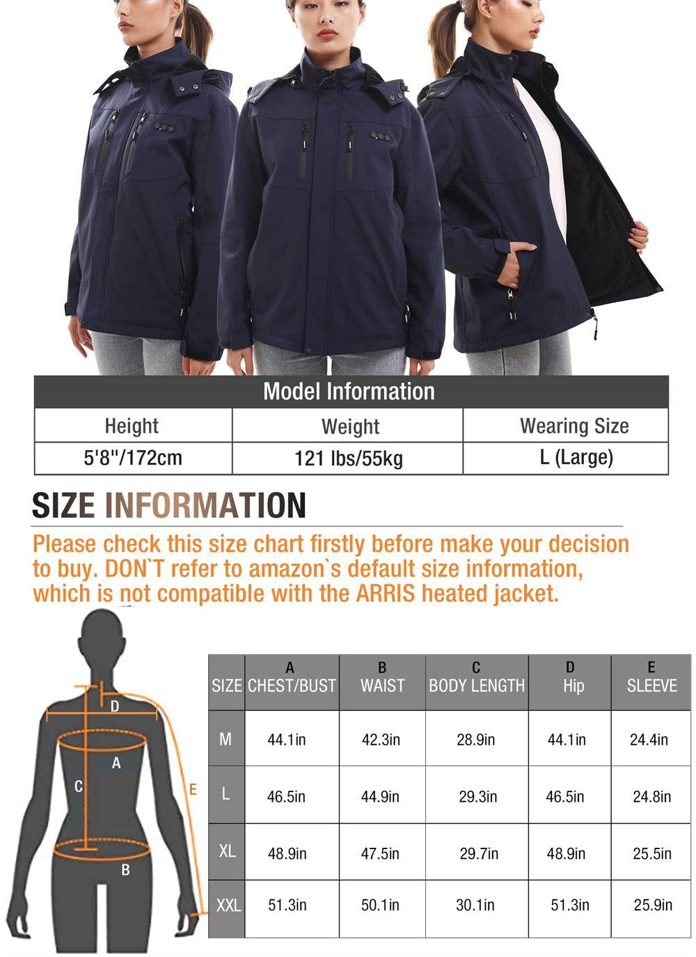 arris heated jacket for women size chart