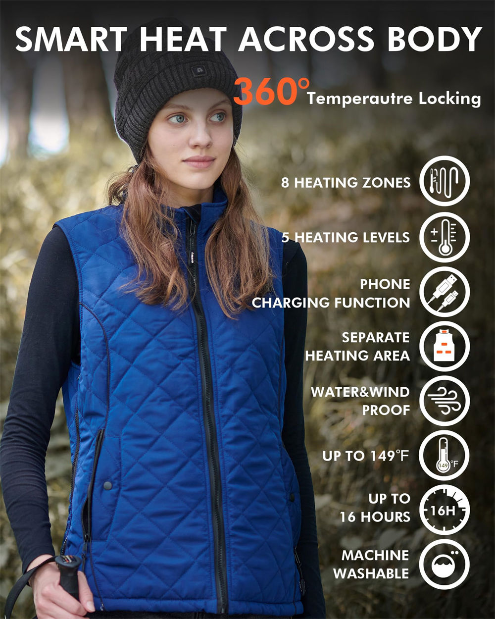 8 heating zones of the women's heated vest