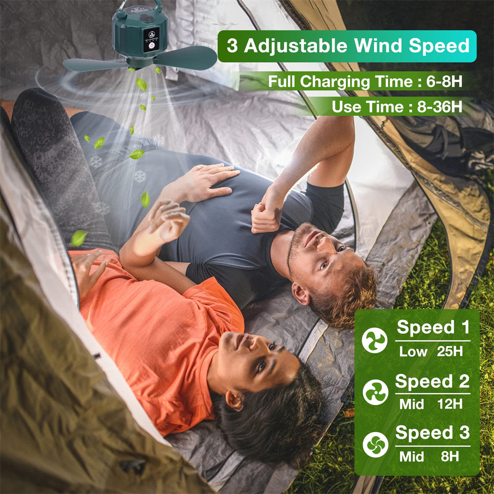 Tent Ceiling Fan with Built-in Rechargable 7500mAh Battery Remote