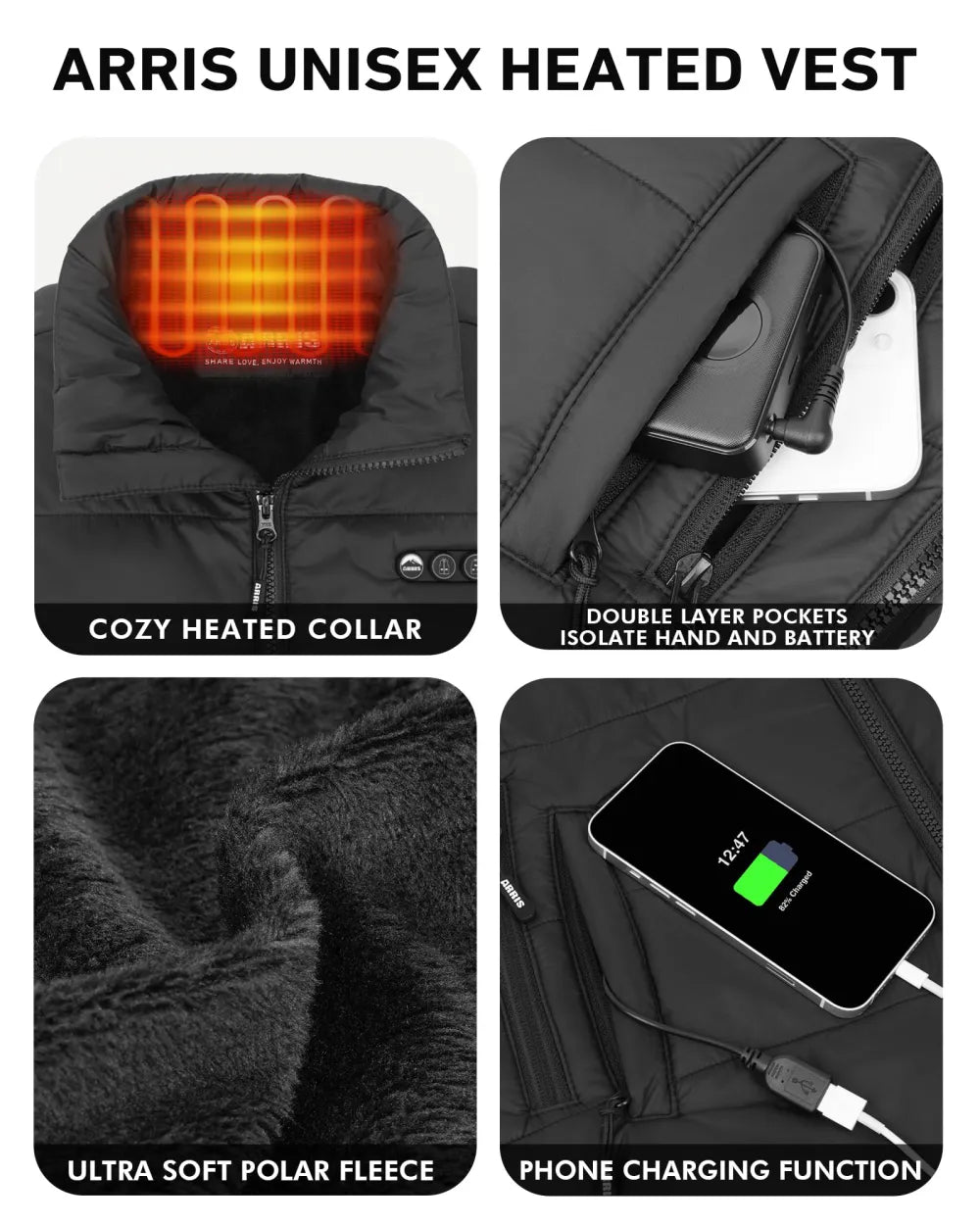 ARRIS 12V Graphene-Enhanced Heated Vest with Patented Size Adjustable Design, Electric Heating Vest with Battery for Men and Women