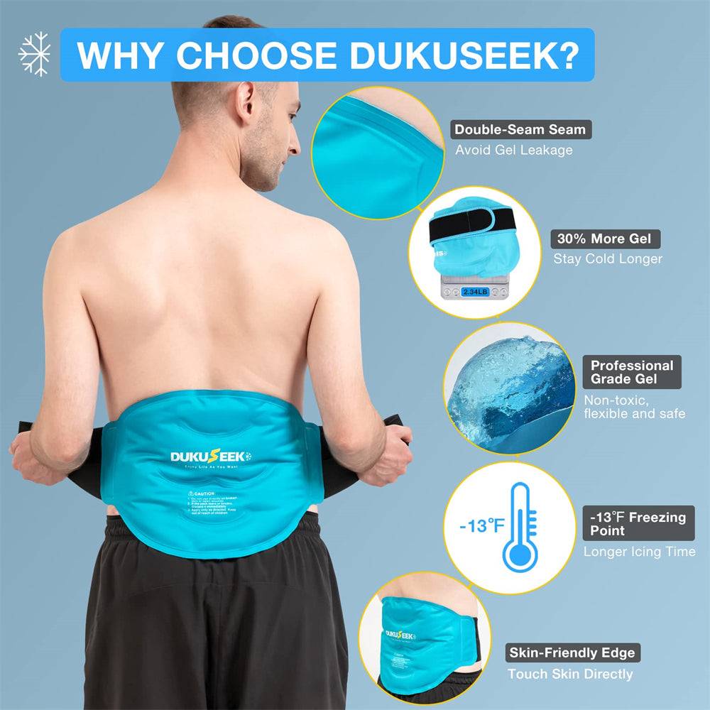 DUKUSEEK Reusable Gel Back Ice Pack for Lower Back Pain Relief - with Dual Straps, Soft Plush Lining and Silky Nylon Fabric Design - for Hip, Waist Pain Relief