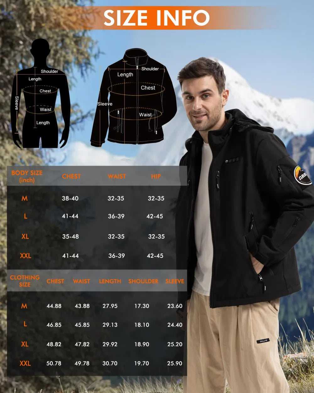 size chat of arris 12V men's heated jacket