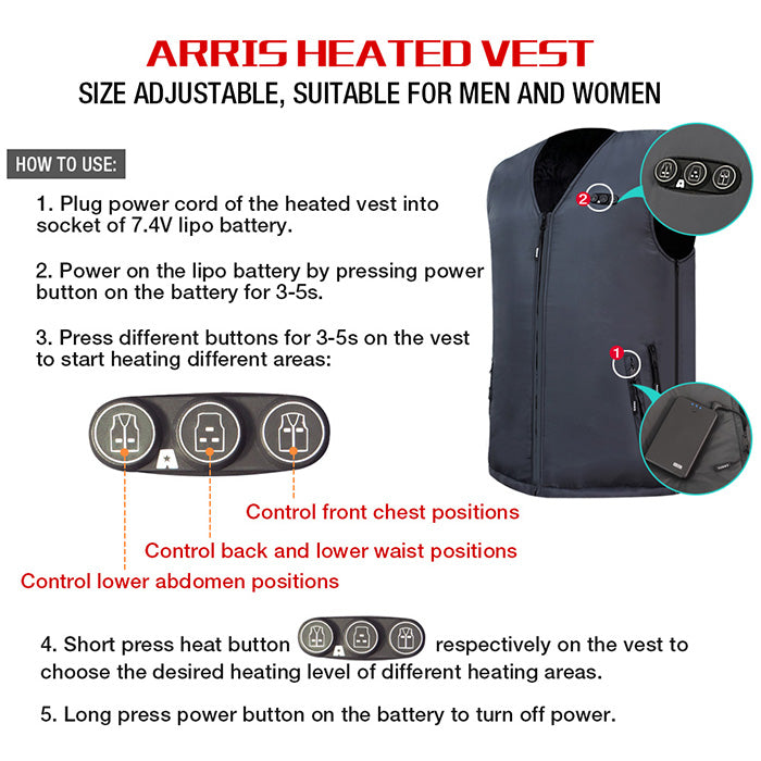 ARRIS Heated Vest 7.4V Battery Electric Warm Vest for Hiking